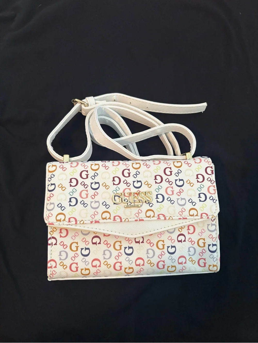 GUESS White Multicolor G Logo Crossbody with Gold Hardware